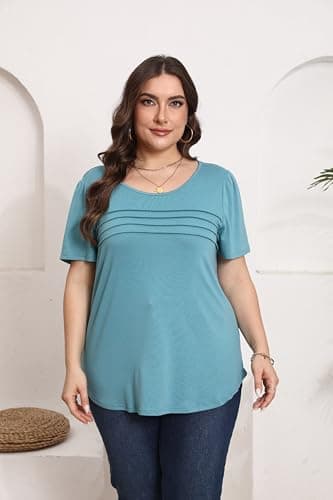 Plus Size T Shirts for Women Summer Short Flare Sleeve Pleated Dressy Casual Scooped Neck Summer Tops Blouses 3X Turquoise - Image 3