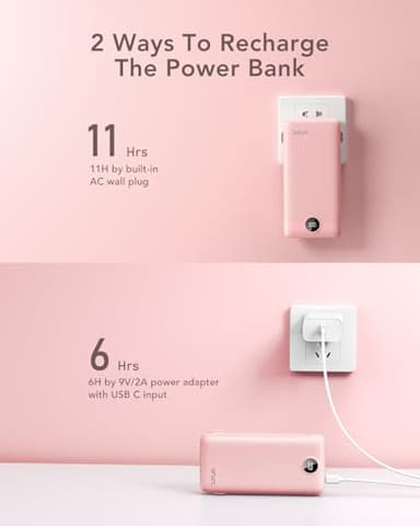 VRURC Portable Charger 20000mAh, Fast Charging Power Bank USB C,4 Output 2 Input Travel Essentials Charging Bank Equipped with LED Display,Built-in Wall Plug and Cables,Phone Charger Battery,Pink - Image 4