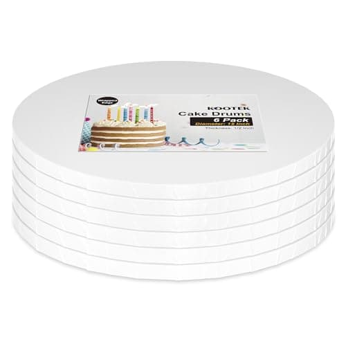 Kootek Cake Boards Drums 12 Inch Round, 1/2" Thick Professional Fully Wrapped Edges Decorating Supplies, White 6-Pack Sturdy Corrugated Cardboard Base, Base para Pastel - Image 1