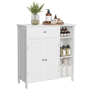 VASAGLE Bathroom Floor Cabinet, Freestanding Storage Cabinet with Drawer, 3 Open Compartments, Adjustable Shelves, 11.8 x 29.5 x 31.5 Inches, White UBBC142W01 - Image 1