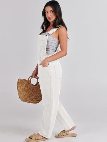 ANRABESS Overalls for Women Loose Fit Denim Overalls Adjustable Strap Jean Jumpsuit Bib Romper 2025 Fall Casual Work Outfits White Large - Image 4