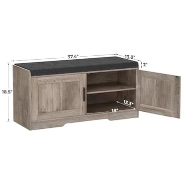 Homleke 2-Tier Storage Bench, Shoe Bench with Thickened Padded Seat Cushion, Entryway Bench with 2 Doors, Adjustable Shelf, 13.8" D x 37.4" W x 18.5" H, for Entryway, Living Room, Bedroom, Greige - Image 2