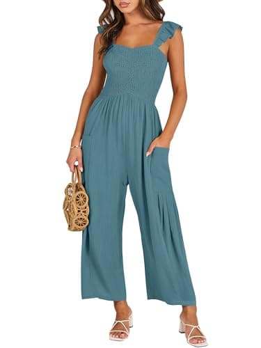 ANRABESS Women Summer Casual Dressy Sleeveless Smocked Wide Leg Linen Jumpsuits Rompers 2025 Trendy Travel Outfit Pocket Gray Blue Medium - Image 1