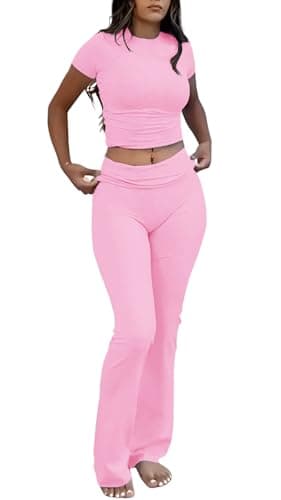 YETOWA Women's 2 Piece Lounge Outfits with Slim Short Sleeve Tops and Low Rise Flare Leggings Sets Versatile Yoga Fall Sweatsuit - Image 1