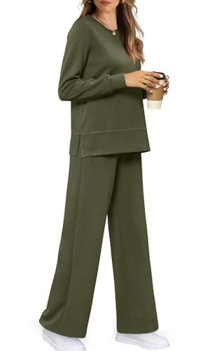 WIHOLL Women Two Piece Sets Casual Fall Long Sleeve Tracksuit Wide Leg Outfits Oversized Loungewear Women's 2 Piece Lounge Sets Green XXL - Image 3