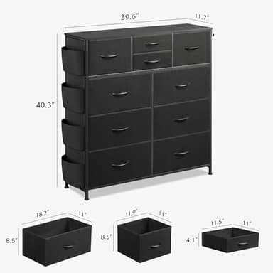 WLIVE Dresser for Bedroom with 10 Drawers, Fabric Dresser Chest of Drawers with Side Pockets and Hooks, Sturdy Metal Frame, Drawers Organizer Unit for Living Room, Hallway, Black - Image 3