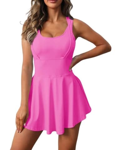 Gyiefcg Womens Sleeveless 2-in-1 Athletic Tennis Golf Dress Underneath Workout Active Dresses with Built-in Shorts Rose Red - Image 1