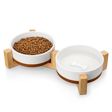 MALACASA Ceramic Dog Bowls, Dog Water/Food Dish with Wood Stand Non-Slip,14oz, Pet Basic Bowls for Your Puppy, Small Dogs or Cats,Glaze Matte Weighted Non-Slip (S-1.5 Cups) - Image 1