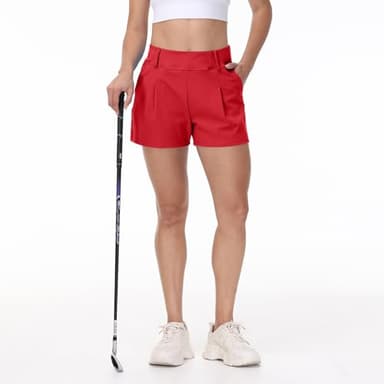 Golf Shorts Women Workout Athletic Running Gym Yoga Sport Active Bike Sweat Spandex High Waisted with Pockets Cute Comfy Lounge Dress Pants Teen Girls Trendy Clothes Casual Summer Outfits Red L - Image 2