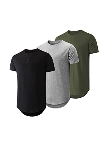 JMIERR Men's 3 Pack Cotton Hipster Hip Hop Longline Crewneck T-Shirt, Short Sleeve Gym Workout Athletic T Shirts for Men Pack,L, Black/Light Grey/Army Green - Image 1