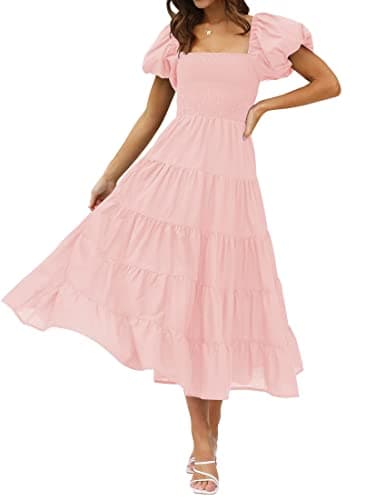 ZESICA Women's 2025 Summer Square Neck Short Puff Sleeve Solid Color High Waist Casual Smocked Flowy A Line Tiered Midi Dress,Pink,Medium - Image 1