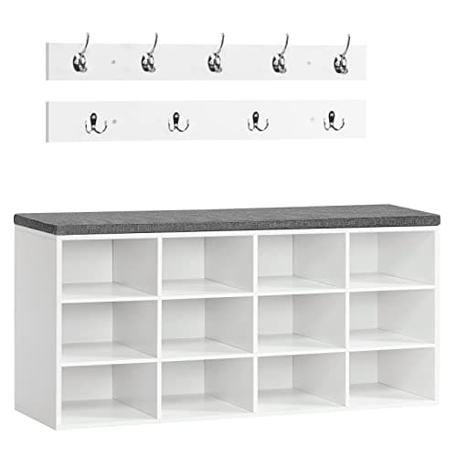 HOOBRO Shoe Storage Bench with Cushion, 39.4" L Entryway Bench with 12 Cubbies, Entryway Hall Tree with Storage, Cubby Shoe Rack Bench with Coat Rack for Hallway, Holds up to 330 lb, White WT112HX01 - Image 1