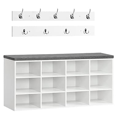 HOOBRO Shoe Storage Bench with Cushion, 39.4" L Entryway Bench with 12 Cubbies, Entryway Hall Tree with Storage, Cubby Shoe Rack Bench with Coat Rack for Hallway, Holds up to 330 lb, White WT112HX01 - Image 1