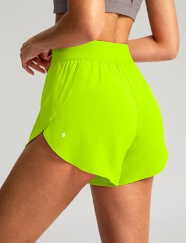 Soothfeel High Waisted Athletic Running Shorts for Women Dolphin Shorts High Split Quick Dry Gym Workout Shorts with Liner (Fluorescent Green, XS) - Image 3