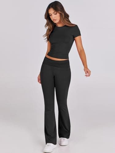 ANRABESS Lounge Sets for Women 2 Piece Foldover Yoga Flare Leggings Pants Crop Tops Casual Y2K Outfits Matching Tracksuit Set Black Small - Image 8