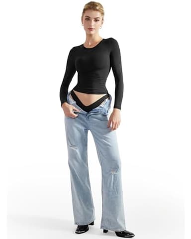 SUUKSESS Women Double Lined Fitted Basic Tee Shirts Crew Neck Long Sleeve Going Out Crop Tops (Jet Black, S) - Image 4