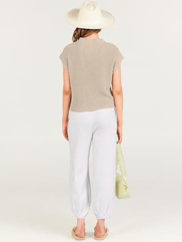 ANRABESS Women's Two Piece Outfits Knit Sweater Vest Crop Top Pants Lounge Matching Tracksuit Sweatsuit Travel Clothes Sets Khaki White Medium - Image 4