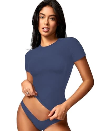 YEOREO Women Fitted Workout Tops Short Sleeve Double Lined Basic Y2K Going Out Crew Neck Compression Crop Top Dark Blue M - Image 7