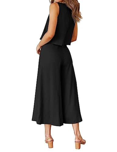 ROYLAMP Women's Summer 2 Piece Outfits Round neck Crop Basic Top Cropped Wide Leg pants Set Jumpsuits Black S - Image 3