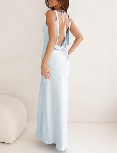 Satin Cowl Neck Sleeveless Backless Maxi Wedding Guest Dress Silk Open Back Tie Back Prom Formal Dresses for Women 2025 Light Blue - Image 2