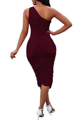 Women One Shoulder Dress Cocktail Sleeveless Sexy Dresses for Women Date Night Bodycon Party Midi Dresses Burgundy Medium - Image 3