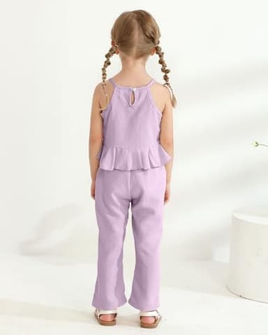 Little Girls Outfit 4t 5t Girl Clothes for Kids Ruffle Summer Lightweight Shirt Wide Leg Purple Linen Pants 2-Piece Cute Toddler Outfits Clothing Set - Image 4