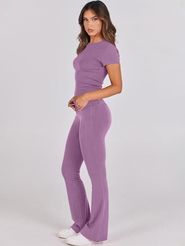 ANRABESS Lounge Sets for Women 2 Piece Foldover Yoga Flare Leggings Pants Crop Tops Casual Y2K Outfits Matching Tracksuit Set Nutmeg X-Large Purple - Image 3