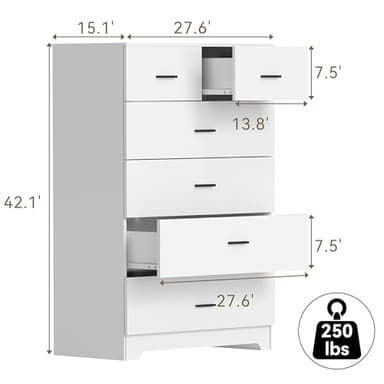 FJTJBSI Dresser with Power Outlets Wooden 6 Drawer Dresser with Large Organizer White Tall Storage Organizer with Smooth Metal Rail Modern Chest of Drawers Closet for Bedroom Hallway - Image 3