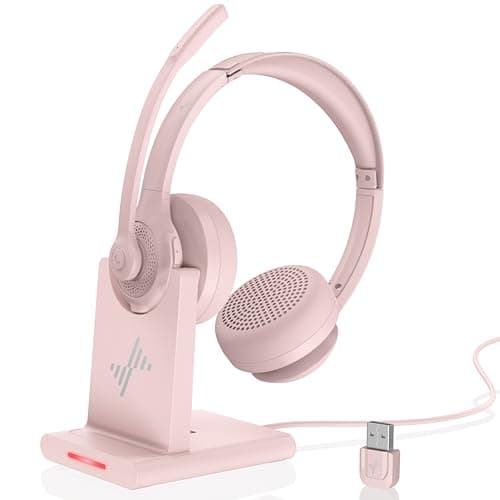 Wireless Headset with AI Noise Cancelling Microphone Bluetooth Headset - Bluetooth V5.2 Headphones with USB Dongle, Charging Base & Mic Mute for Computer/Laptop/PC/iPhone/Android/Cell Phones (Pink) - Image 1