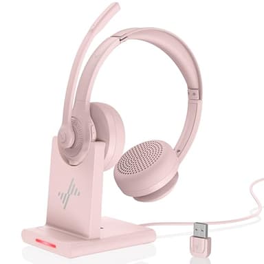 Wireless Headset with AI Noise Cancelling Microphone Bluetooth Headset - Bluetooth V5.2 Headphones with USB Dongle, Charging Base & Mic Mute for Computer/Laptop/PC/iPhone/Android/Cell Phones (Pink) - Image 1