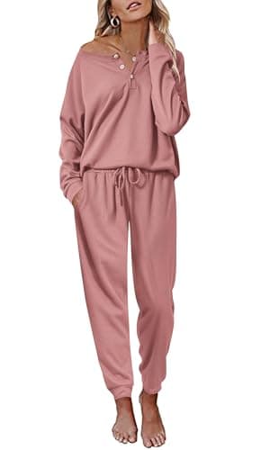 Ekouaer Pajamas Women's Waffle Knit Sleepwear Long Sleeve Top with Pants Casual Pjs Loungewear Set Baby Pink,XX-Large - Image 1
