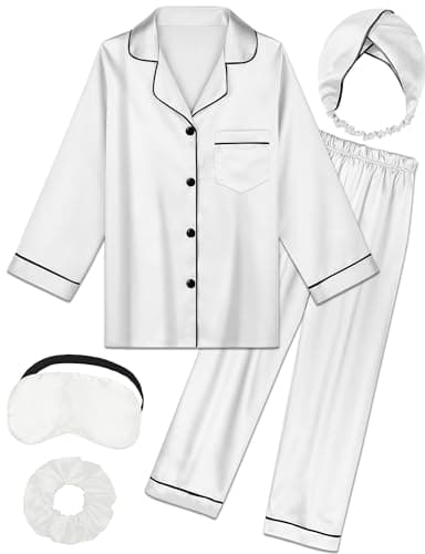 ALHAVONE Kids Girl Pajama Set with Headband Blindfold Hair Tie Toddler Boy Girl Satin Silky Button-up Pajama Sleepwear (White-long, 160) - Image 1