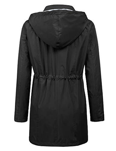 Women Rain Jacket Belted Adjustment Hooded Long Lightweight Packable Outerwear Waterproof Breathable Cotton Lined Raincoat Black M - Image 3