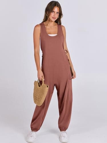 ANRABESS Women Overalls Jumpsuits Loose Casual Dressy Sleeveless Baggy Harem Pants Romper Jumpers 2025 Trendy Summer Outfits Caramel Large - Image 3