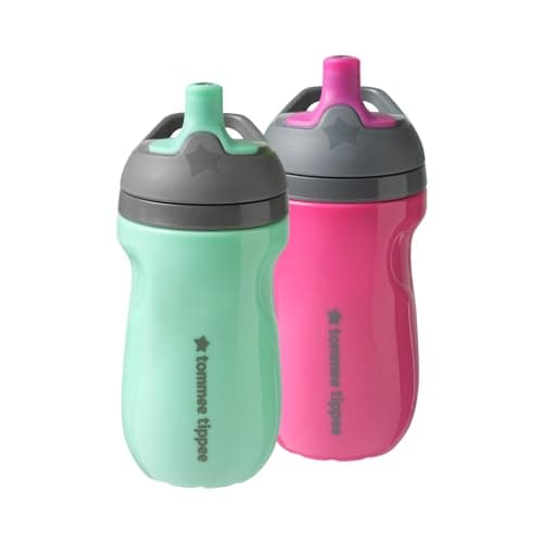 Tommee Tippee Insulated Sportee Bottle, 9oz, 12+ Months, Trainer Sippy Cup for Toddlers, Spill-Proof, Easy to Hold Handle, Pink & Mint, Pack of 2 - Image 1