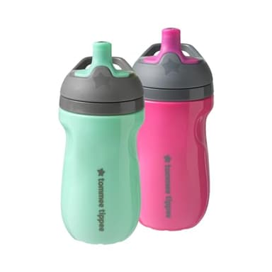 Tommee Tippee Insulated Sportee Bottle, 9oz, 12+ Months, Trainer Sippy Cup for Toddlers, Spill-Proof, Easy to Hold Handle, Pink & Mint, Pack of 2 - Image 1