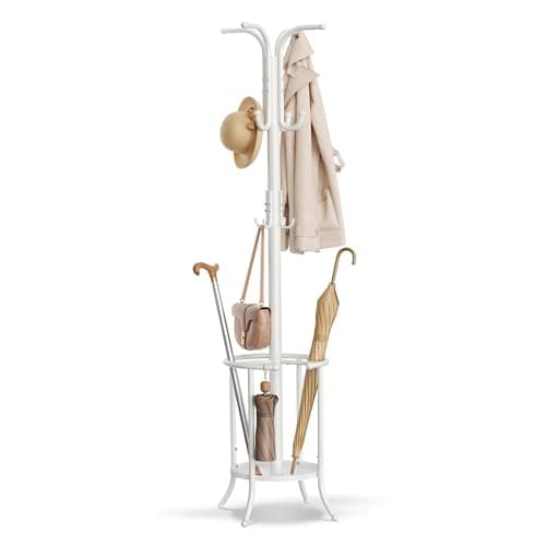 SONGMICS Coat Rack Freestanding, Coat Rack with Umbrella Holder with 12 Hooks, for Entryway, Hallway, Living Room, Bedroom, Pearl White URCR011W01 - Image 1