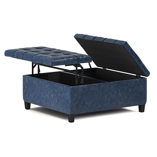 SIMPLIHOME Harrison 36 inch Wide Transitional Square Coffee Table Storage Ottoman in Denim Blue Vegan Faux Leather, Assembled, For the Living Room and Bedroom - Image 1