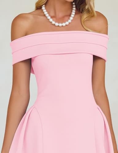 ZESICA Cocktail Dresses for Women's Elegant Off Shoulder Short Sleeve Swing A Line Wedding Evening Party Midi Dress,Pink,Medium - Image 5