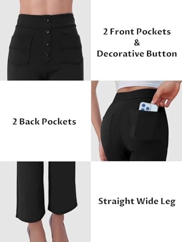keriffe Women's Straight Leg Pants High Waisted Button Stretchy Business Work Casual Trousers Multiple Pockets Black - Image 4