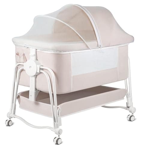 suihuooo 4 in 1 Baby Bassinet Bedside Sleeper, Rocking Baby Crib with Lockable Wheels, Storage, Mosquito Net and Matress Included, 7 Level Adjustable Bedside Bassinet for Baby Newborn(Cream) - Image 1