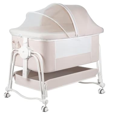 suihuooo 4 in 1 Baby Bassinet Bedside Sleeper, Rocking Baby Crib with Lockable Wheels, Storage, Mosquito Net and Matress Included, 7 Level Adjustable Bedside Bassinet for Baby Newborn(Cream) - Image 1