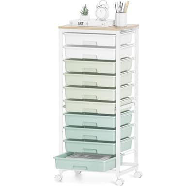SYKIARIOL Rolling Cart with Drawers,10 Drawer Rolling Cart,Storage Cart,Utility Cart,Teacher Cart for Classroom Storage,Craft Cart with Wheels and Wooden Tabletop,Green - Image 1