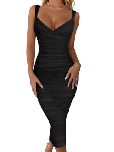 BEAGIMEG Women's Sexy Bodycon Sleeveless Ruched Mesh Club Party Midi Dress Black - Image 1