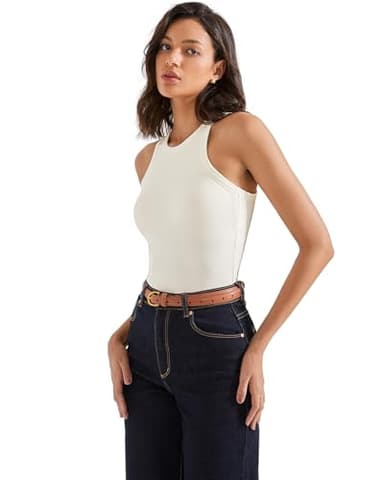 SUUKSESS Women Padded Cotton Ribbed Tank Tops 2025 Sleeveless High Neck Racerback Basic Tops(Cream White, M) - Image 6