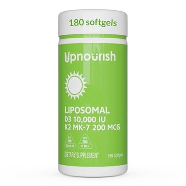 UpNourish Liposomal D3 K2 Vitamin 10000 IU D3 and K2 MK-7 200 mcg - 180 Vitamin D3 k2 (Vitamina D3 con K2) Mini Softgels - Easy to Swallow K2 D3 Vitamin - Image 1