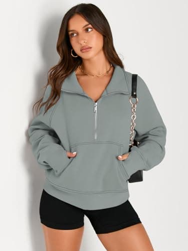AUTOMET Womens Sweatshirts Half Zip Cropped Pullover Fleece Quarter Zipper Sweater Hoodies 2025 Fall Fashion Outfits Clothes Greygreen XX-Large - Image 3