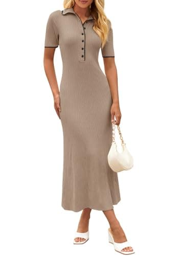 MEROKEETY Women's Polo V Neck Color Block Long Dress Elegant Stretch Fitted Pullover Maxi Dress, Khaki, Small - Image 1