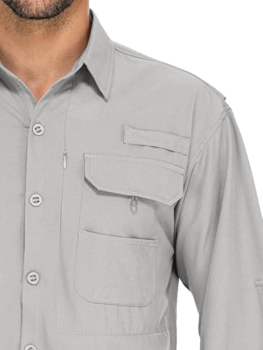 linlon Mens Safari Shirts Long Sleeve UV Protection Hiking Fishing UPF 50+ Quick Dry Cooling Camping Travel Shirts#5066-Light Grey-M - Image 4