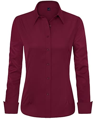J.VER Long Sleeve Shirts for Women Wrinkle Free Button Down Shirt Office Work Dressy Petite Tops for Business Casual Trendy Burgundy Large - Image 1